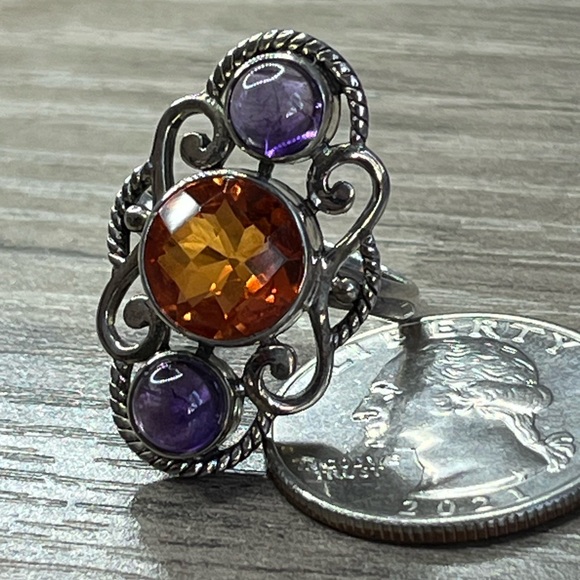Nicky Butler One of a Kind SS Honey Quartz and Amethyst Multi Gem Scroll Ring - Picture 6 of 11